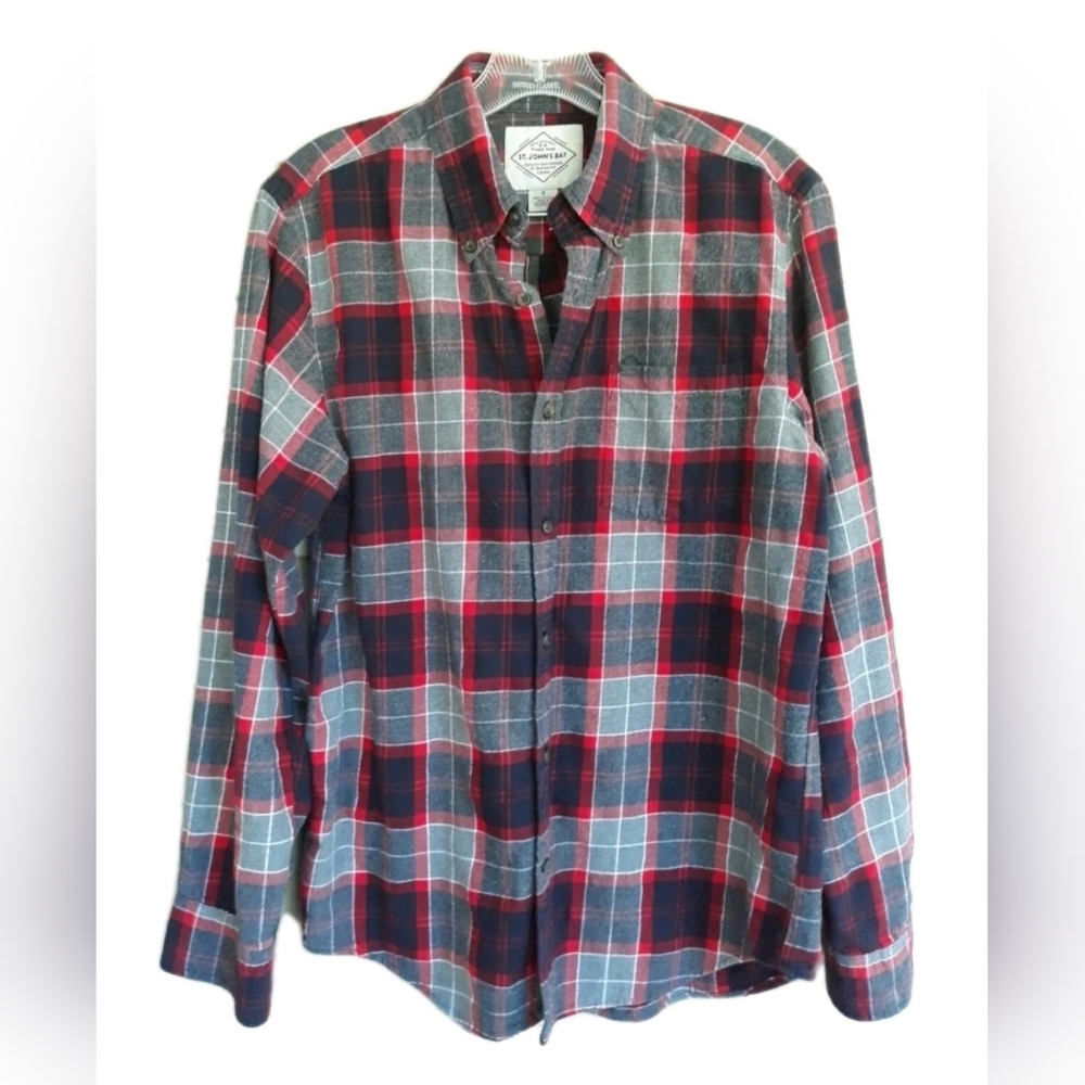 St. John's Bay Men's Gray Red Flannel Long Sleeve Shirt Size S